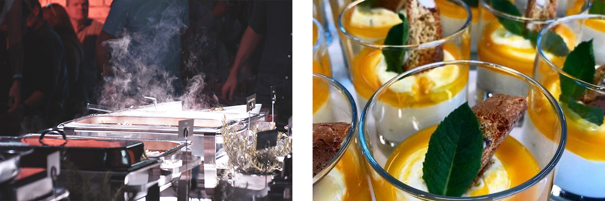 links: Bild von bain marie; rechts: Süßspeise in Gläsern