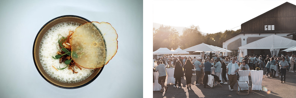 links: Teller mit Essen; rechts: Menschenmenge beim Essen